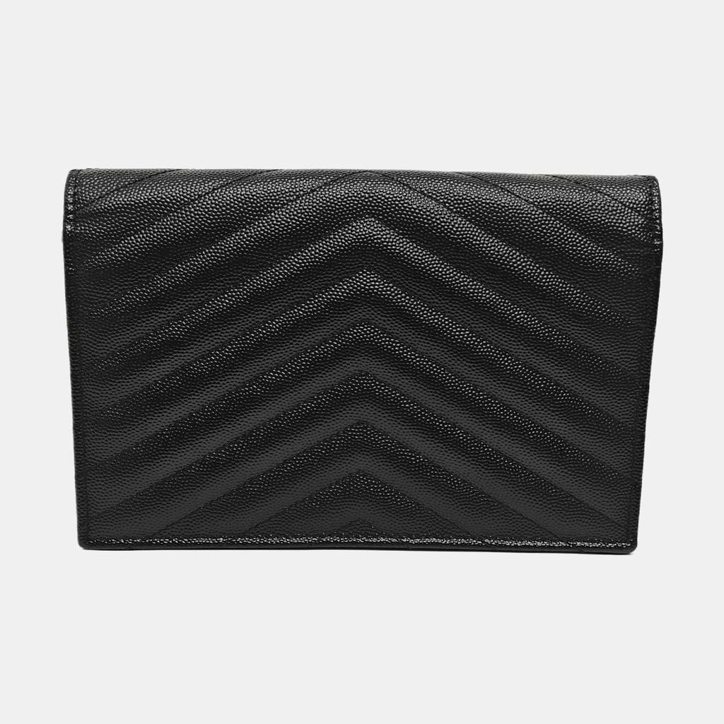 [Pre-Owned] Ysl Envelope Silver Logo Quilted Grainy Embossed Leather Envelope Chain Wallet Shoulder Crossbody Bag - Excellent #1TE77E9