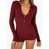Amazon 2024 European and American Autumn New Women's Tight One-Piece Shorts Casual Button Cotton Top Long sleeve V-neck