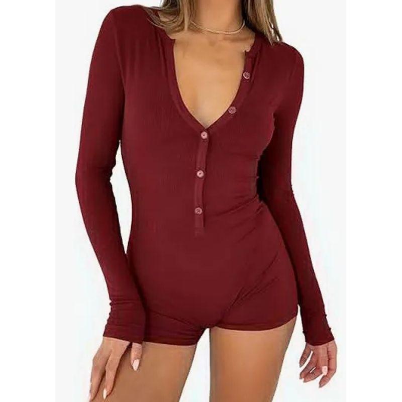 Amazon 2024 European and American Autumn New Women's Tight One-Piece Shorts Casual Button Cotton Top Long sleeve V-neck