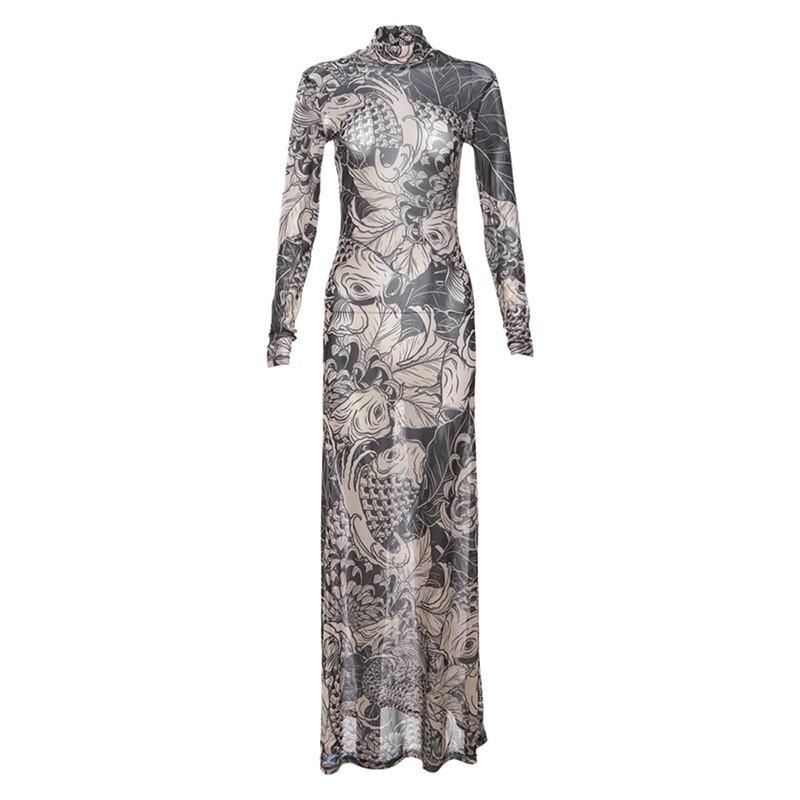 European and American style 2026 summer new fashion mesh print sheer high neck slimming dress for women S