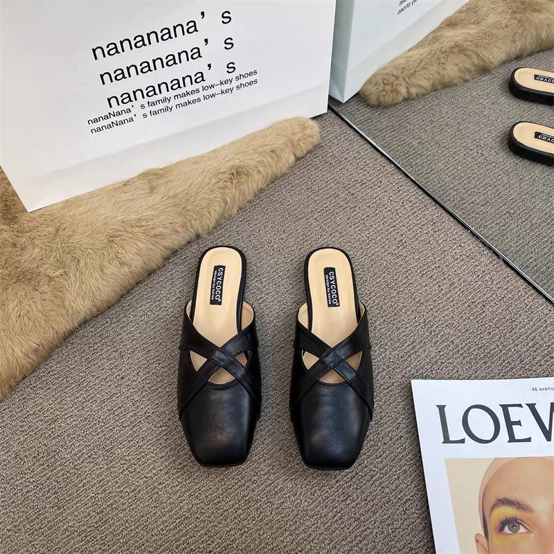 Wind Bag Head Sandals Women Wear Retro Versatile Square Head Cross with Shallow Mouth, Empty Bag Head Half Drag