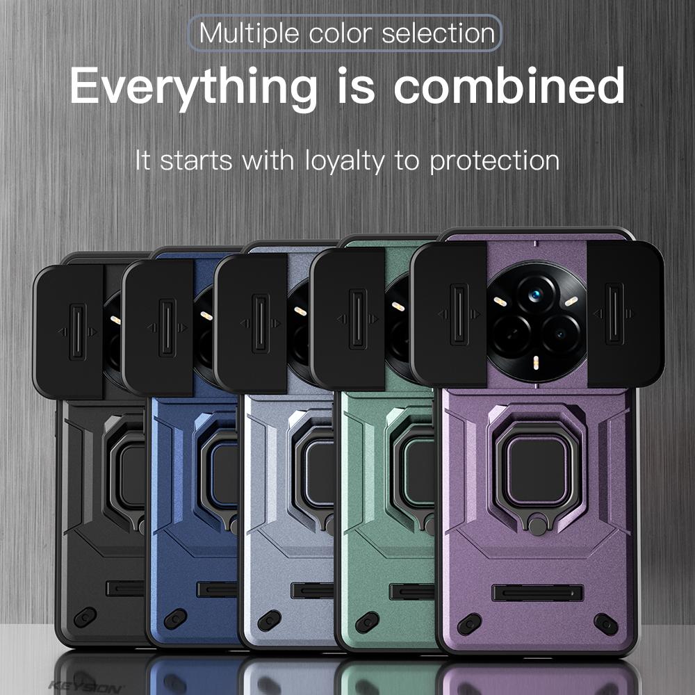 KEYSION Stoßfeste Hülle für Realme 14 Pro+5G Schiebekamera-Schutz Metallring-Ständer Handy-Rückabdeckung für OPPO Realme 14 Pro 5G