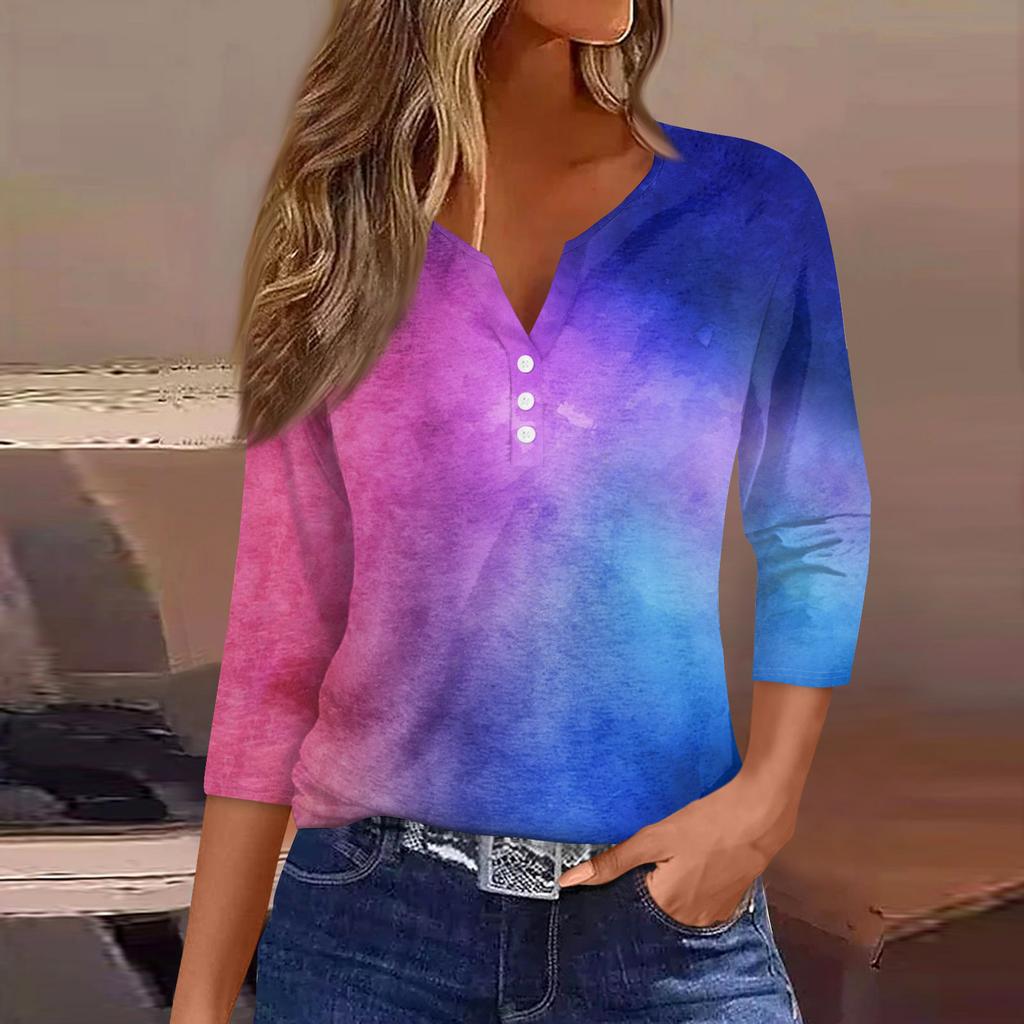 T-shirt pour femme Imprimé Bouton Manches 3/4Mode Quotidienne Week-end Basique Col V Coupe Régulière