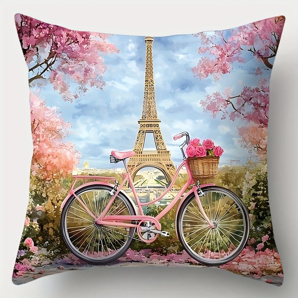 Romantic Paris Eiffel Tower & Pink Car PillowcaseLiving room sofa cushion cover, soft and comfortable, bedroom room decoration