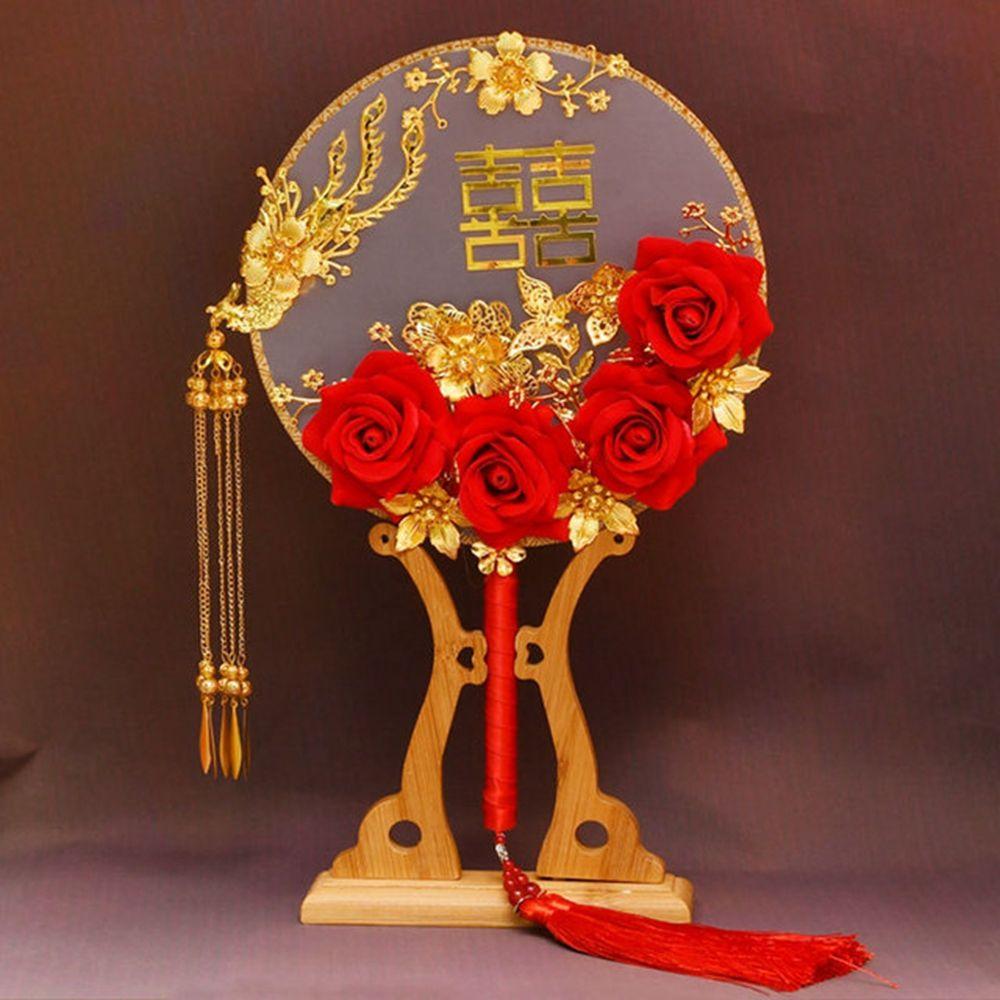 Vintage Decoration Prop For Bride Gold Red Bridesmaid Decor Craft Bouquet Photography Ornaments Fan