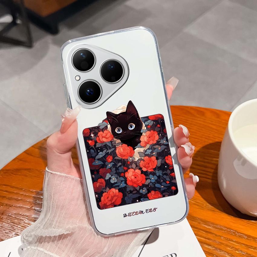 For Huawei Pura 80 70 Pro Plus Ultra Honor X6C 8C Phone Bags Cute Big Eyed Black Cat Patterns Luxury Transparent Lens Protection Case For Huawei Shell