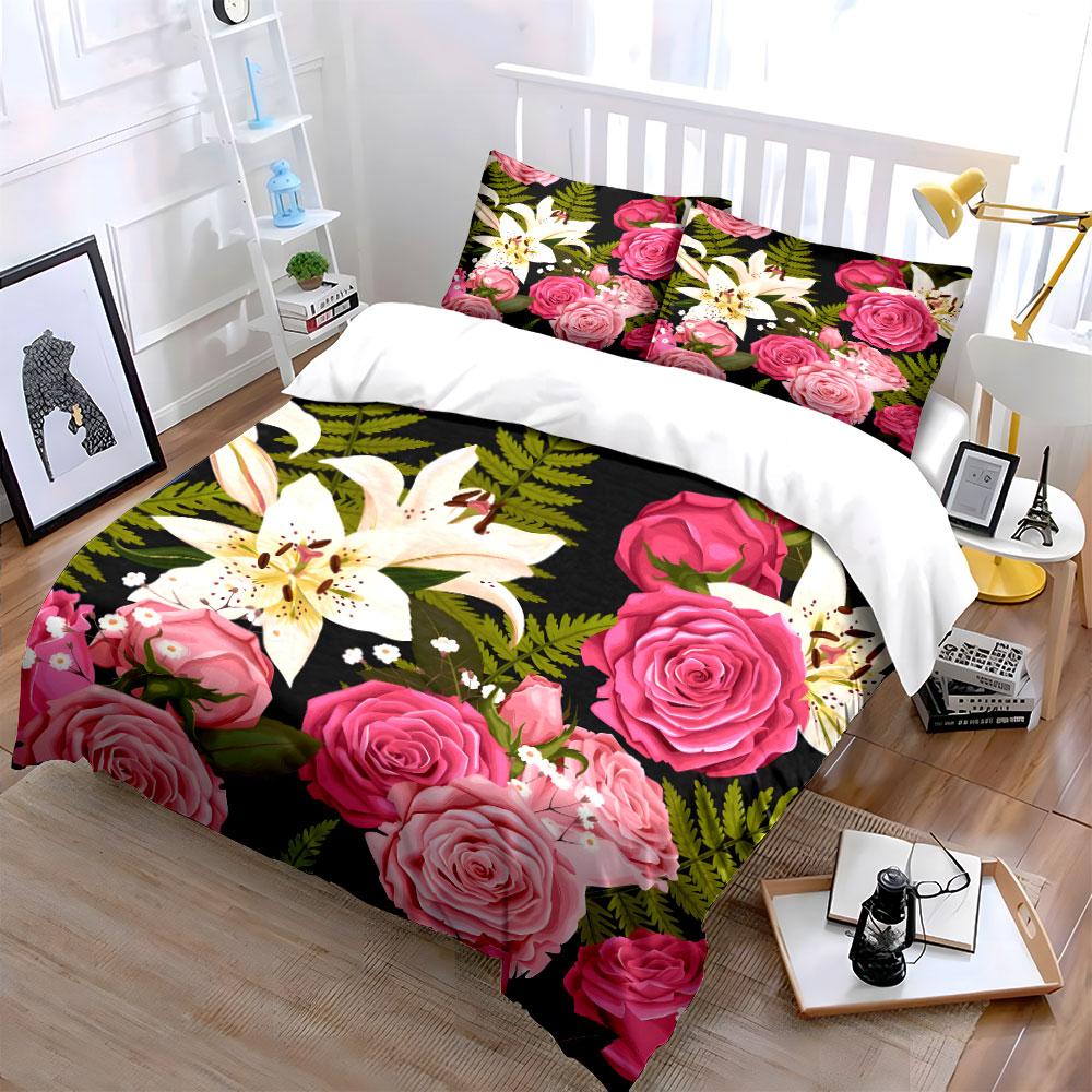 Pink Roses And White Lilies Bedding Set For Kids Luxury Gift 3Pcs Digital Print Comforter Set Soft Comfortable Breathable