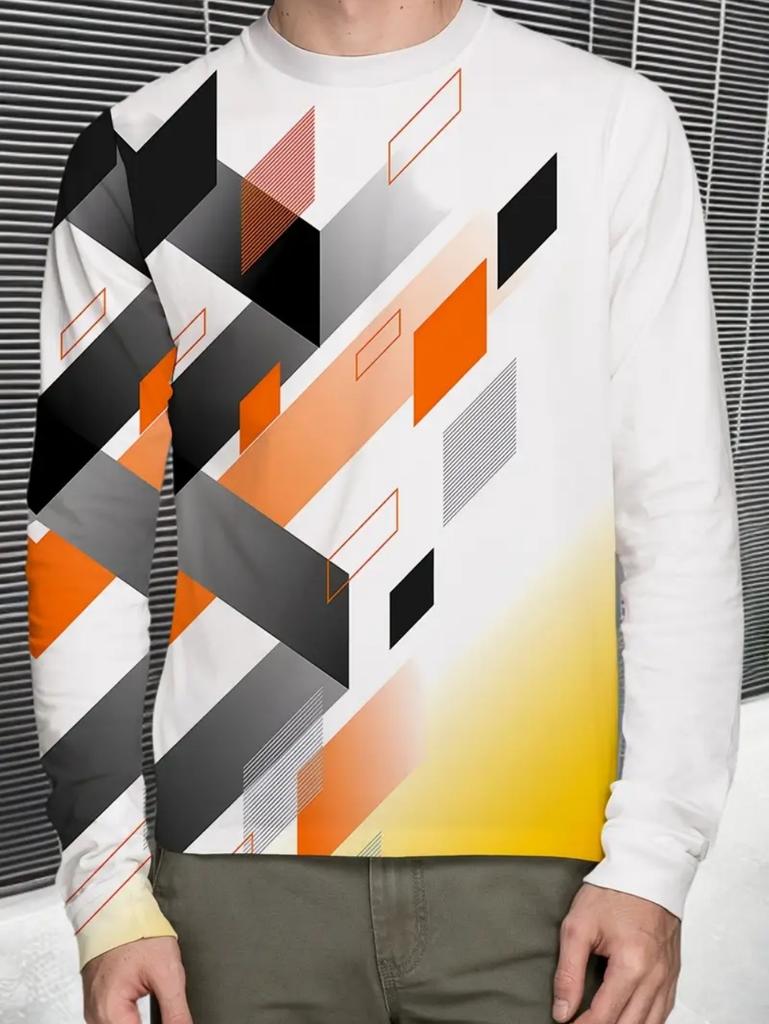Vintage T-Shirt for Men Patchwork Grid Graphic T Shirts 3D Print Long Sleeve Tee Oversized Man Clothing Tops Creative Clothing