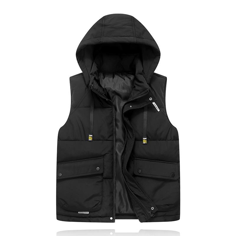 Large Pocket Cotton Vest Men's Autumn and Winter Trend Thickened Thermal Vest Student Hooded Jacket