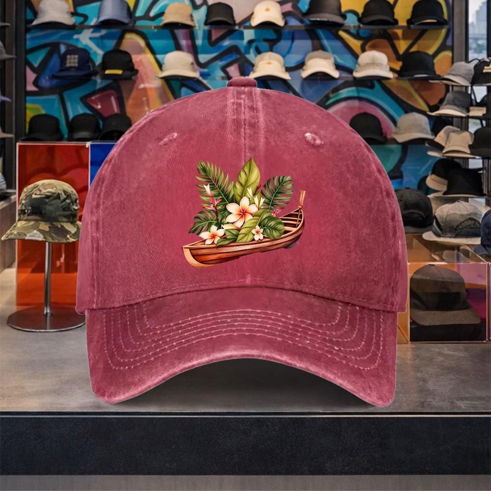 Tropical Boat Floral Washed Baseball Cap Unisex Adjustable Cotton Twill Outdoor Travel Hat One Size красный
