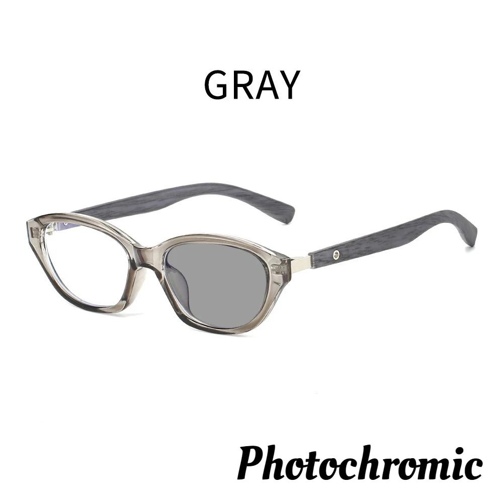 Fashionable And Personalized Cat Eye Photochromic Women'S Reading Glasses Retro Neutral Wood Grain Leg Anti Blue Light Glasses