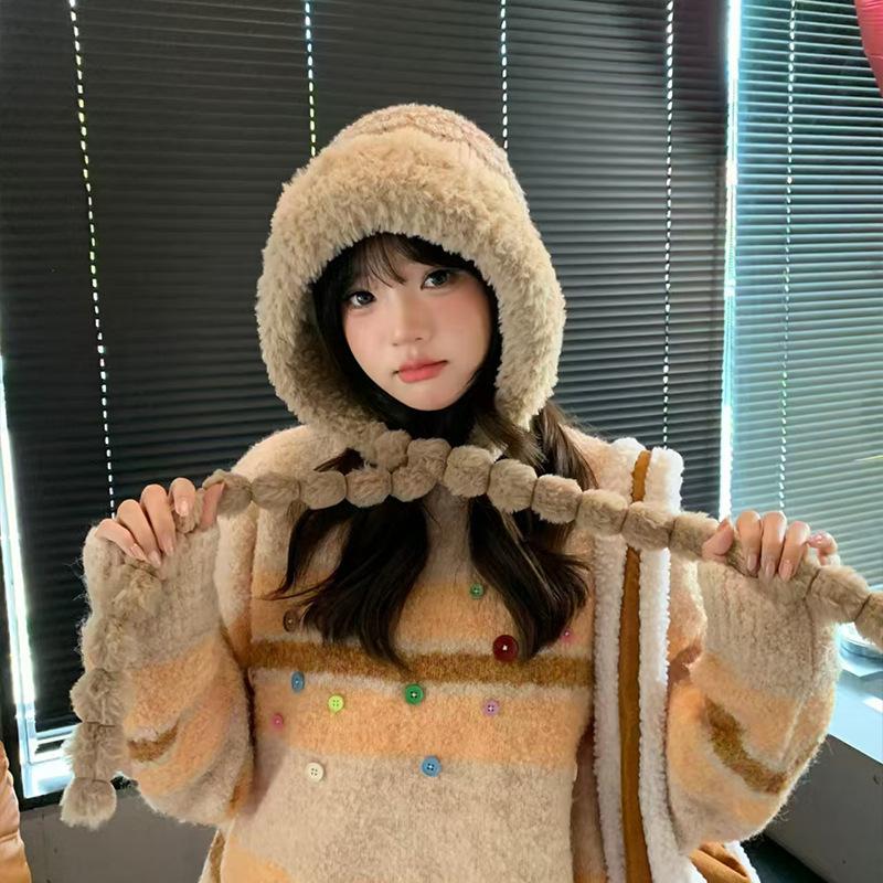 Autumn and winter new national style ball braid pullover hat, plush warm face small splicing plush knitted hat