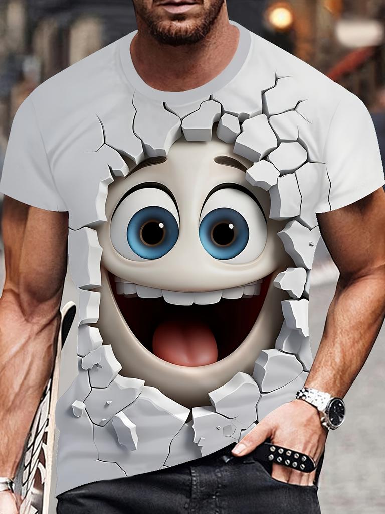2025 Neues Hip Hop Smiley Gesicht 3D-gedrucktes Herren Alltags-T-Shirt - Rundhals, Street Casual Großes Lockeres T-Shirt