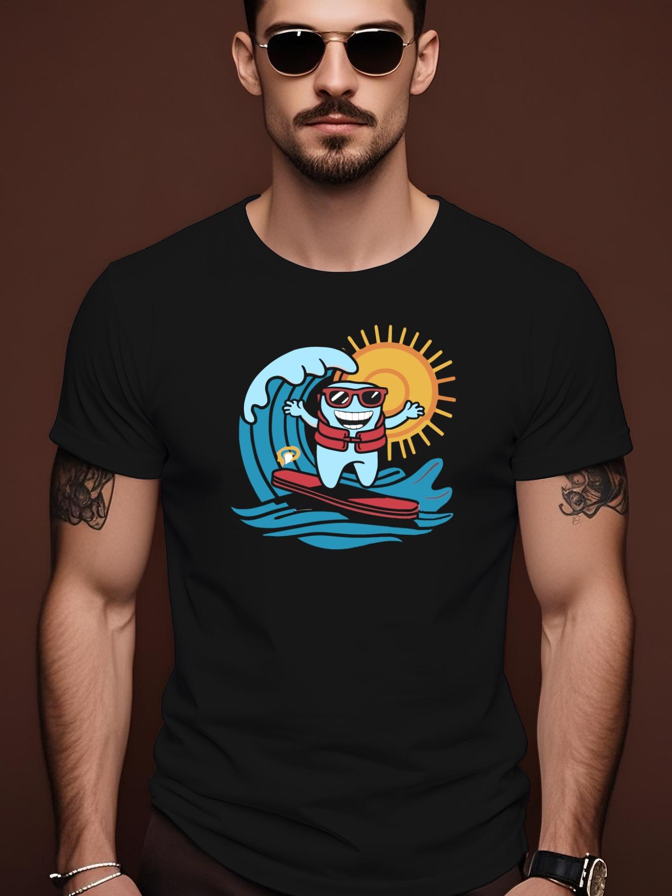 Summer Casual Crew Neck with Ocean Wave & Surfing Cartoon Design - Soft Cotton T-shirt M