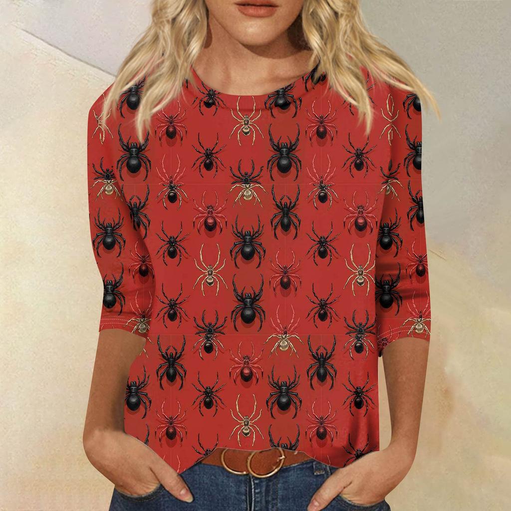 Dámské módní ležérní tričko s tříčtvrtečním rukávem a halloweenským potiskem, s kulatým výstřihem