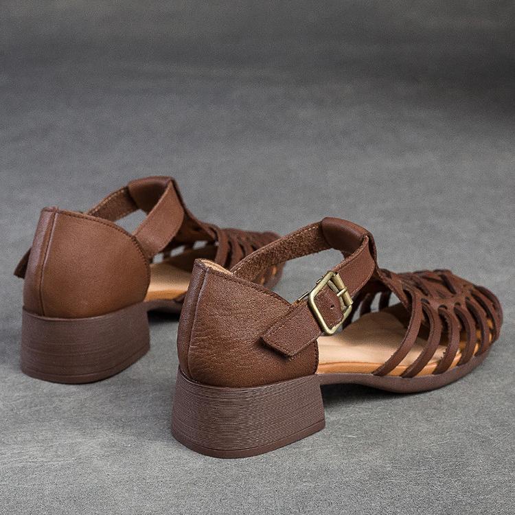 Johnature Sandales respirantes tricotées ajourées pour femmes, chaussures rétro en cuir véritable confortables à talons épais