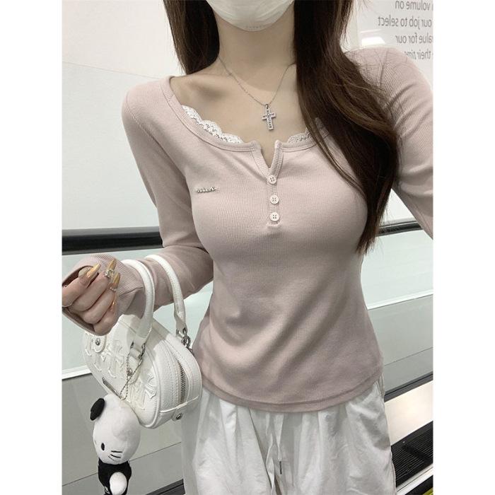 Women s Autumn Slim Fit Lace Long Sleeve Rayon Top M