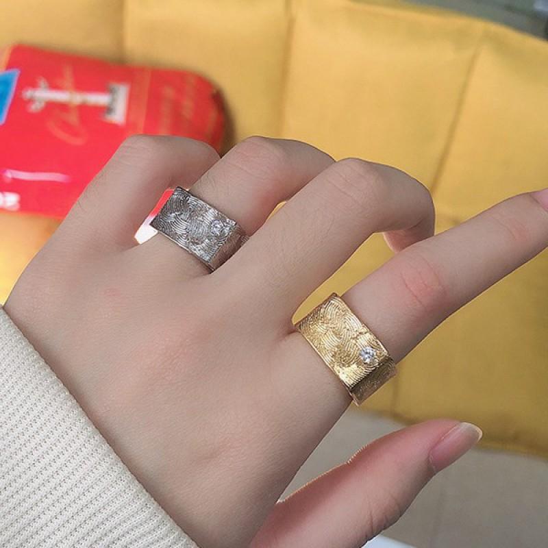 Adjustable Open Ring Men Women With Geometric Square Design Gold Plated Fingerprint Texture Finish Vintage Style Copper