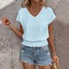 Women's Fashion V-neck Solid Color Hollow Short Sleeve Top T-shirt Summer