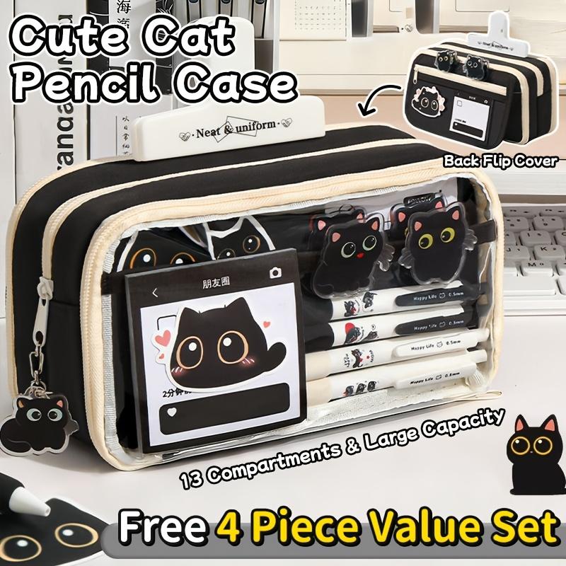 13 Layers Large Capacity Black Cat Pencil Case Clear Window Stationery Bag Cute School Birthday Gift