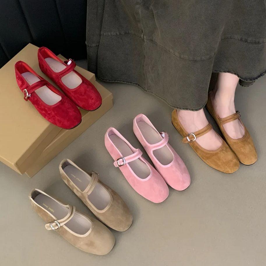 Fashion IPPEUM Velvet Ballet Flats For Women Red Round Toe Buckle 2025 New Ballerinas Zapatos Mujer