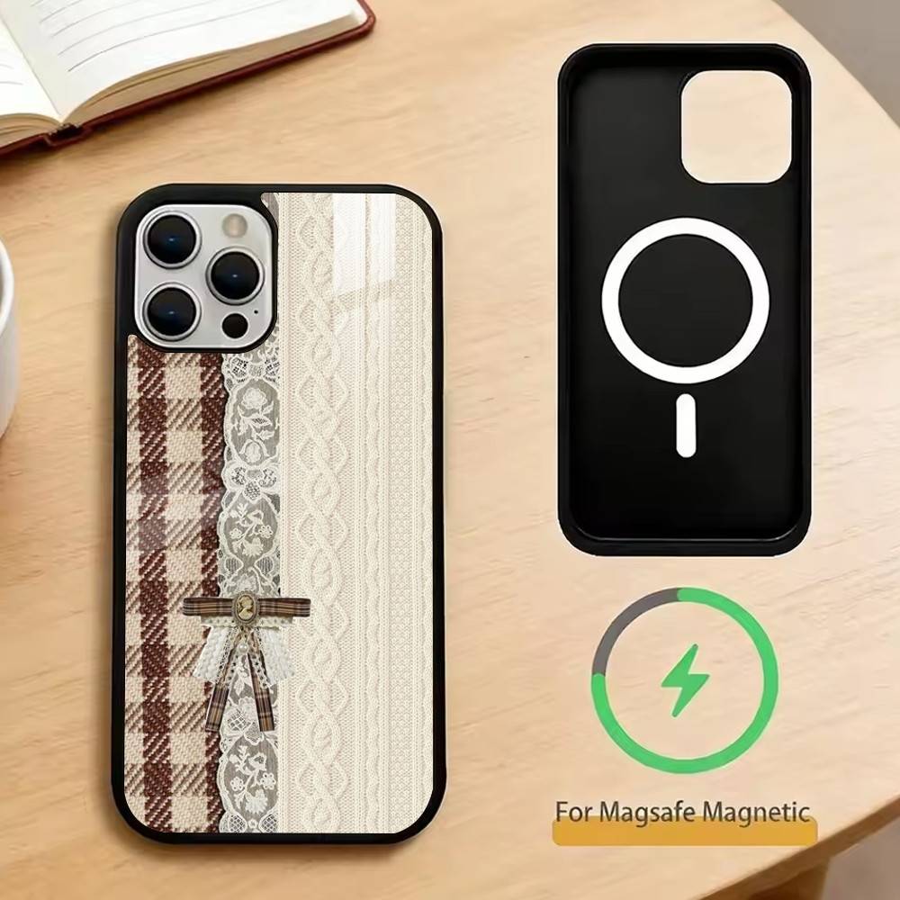 

Lace patchwork grid Phone Case For iPhone17,16,15,14,13,12,11 Plus,Pro Magnetic For Magsafe Wireless Charging iPhone14PROMAX
