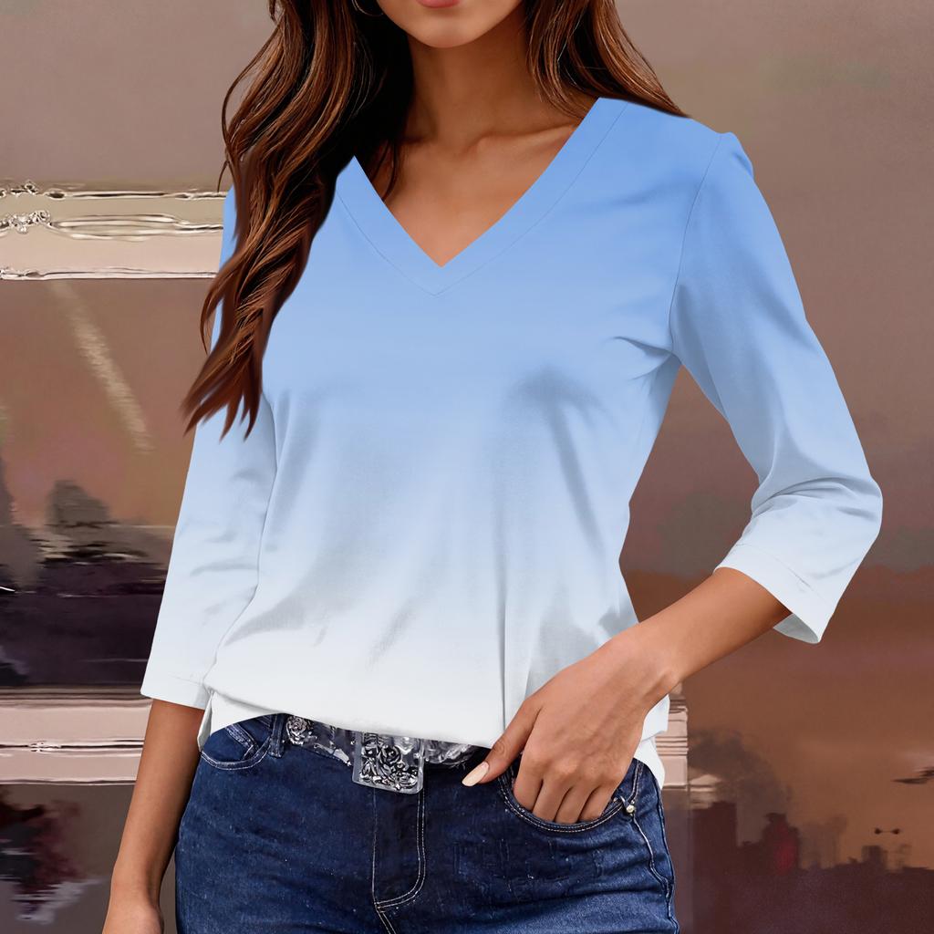 Damen Casual V-Ausschnitt Bluse mit Farbverlauf Blumenprint, geteiltem Saum und 3/4-Ärmeln