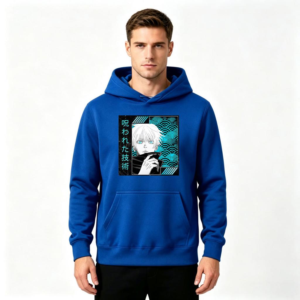 Men Anime Jujutsu Print Pullover Hoodie Casual Long Sleeve Sweatshirt with Bright Eye Character Pattern
