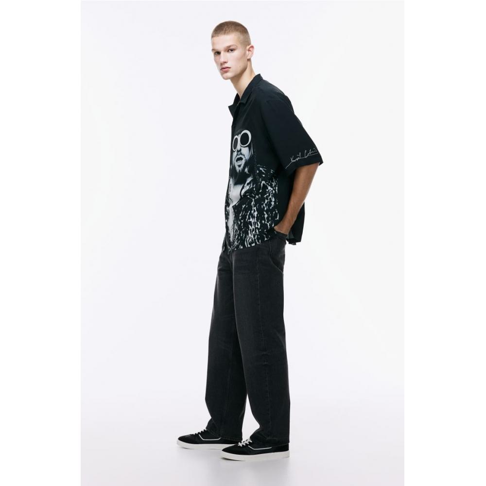 H M Relaxed Fit Printed caMp sHirt Black Kurt Cobain