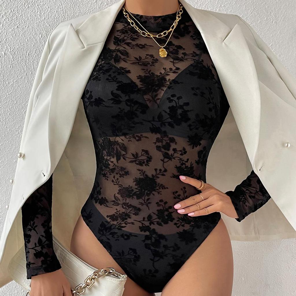 Sexy Slim Fit Long-Sleeve Lace Mesh Print Bodysuit 10804