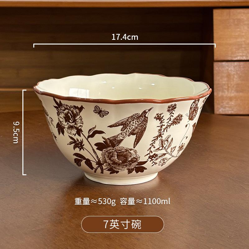 Medieval Flower Tableware Set Light Luxury Advanced Ceramic Bowl Household Plate Rice Bowl Large Capacity Soup Bowl