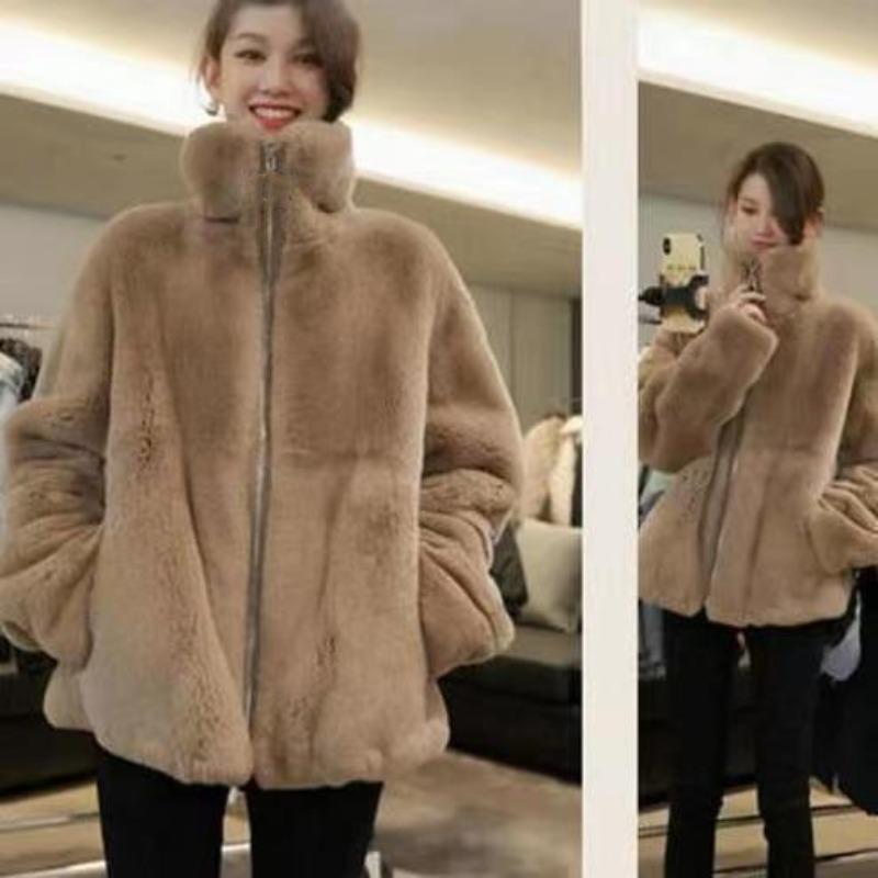 Imitation Rex rabbit fur coat women's 2 winter new fragrant stand-up collar plush loose hooded coat tide