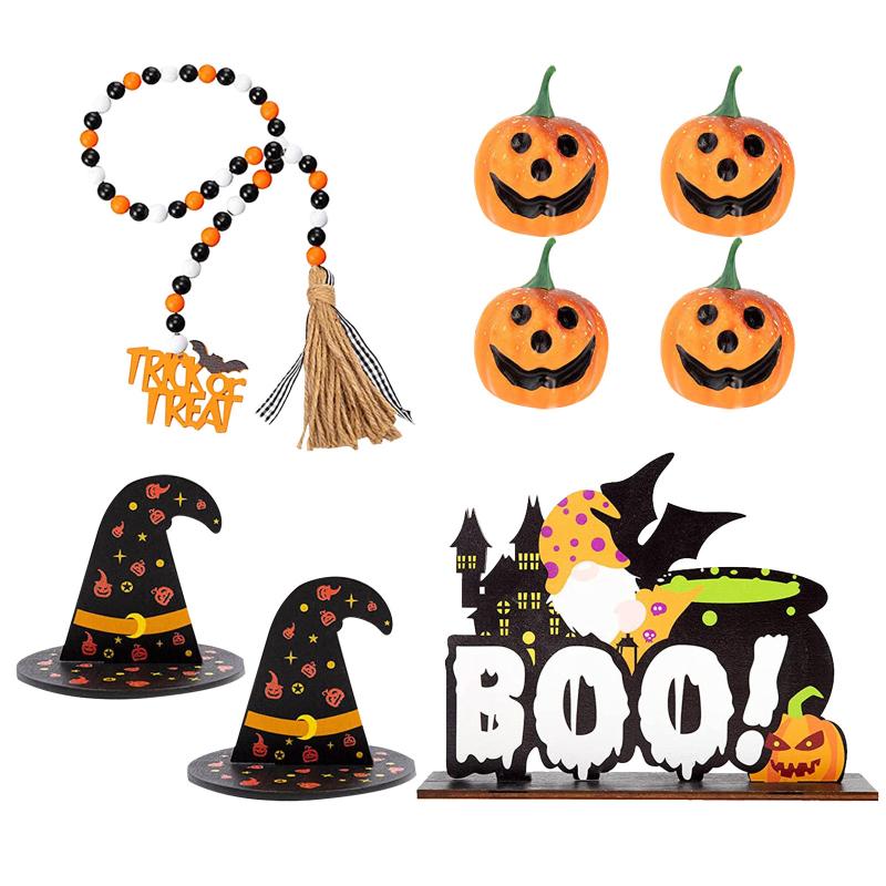 Halloween Pumpkin Witch Hat Wooden Bead Tiered Tray Set Wooden Ornaments For Holiday Atmosphere