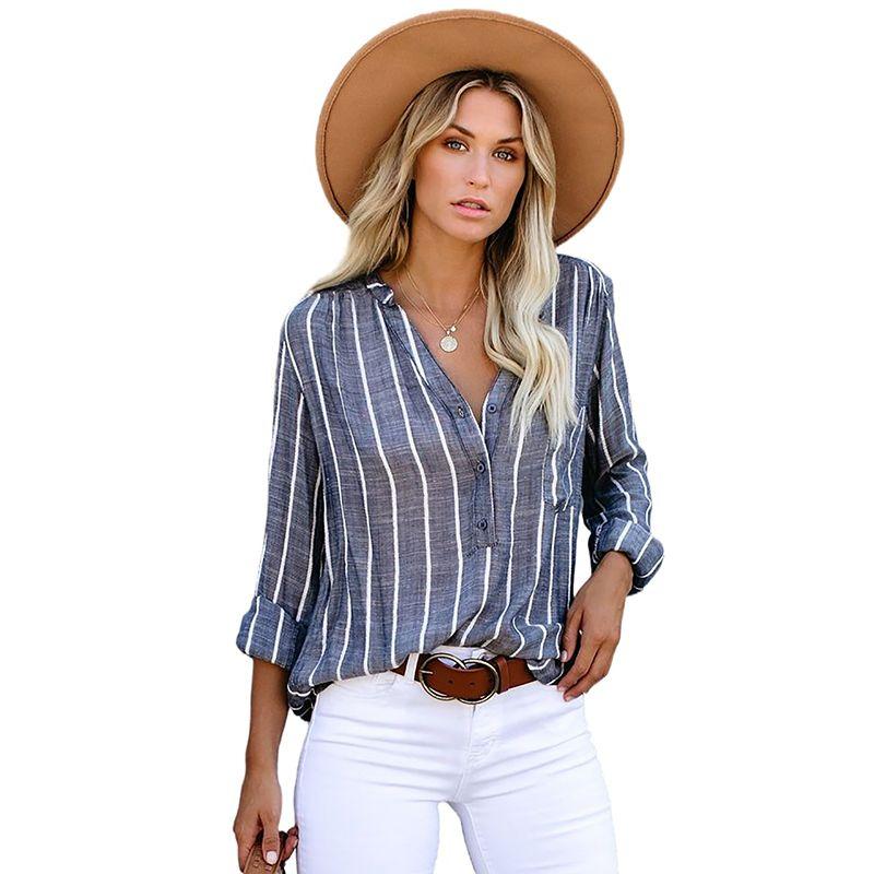 

American Shiying Spring New Stripe V-neck Pullover Shirts Women 2025 Versitile Fashion Loose Shirt Women Dark blue 2XL code fits (75.00 kg-82.50 kg