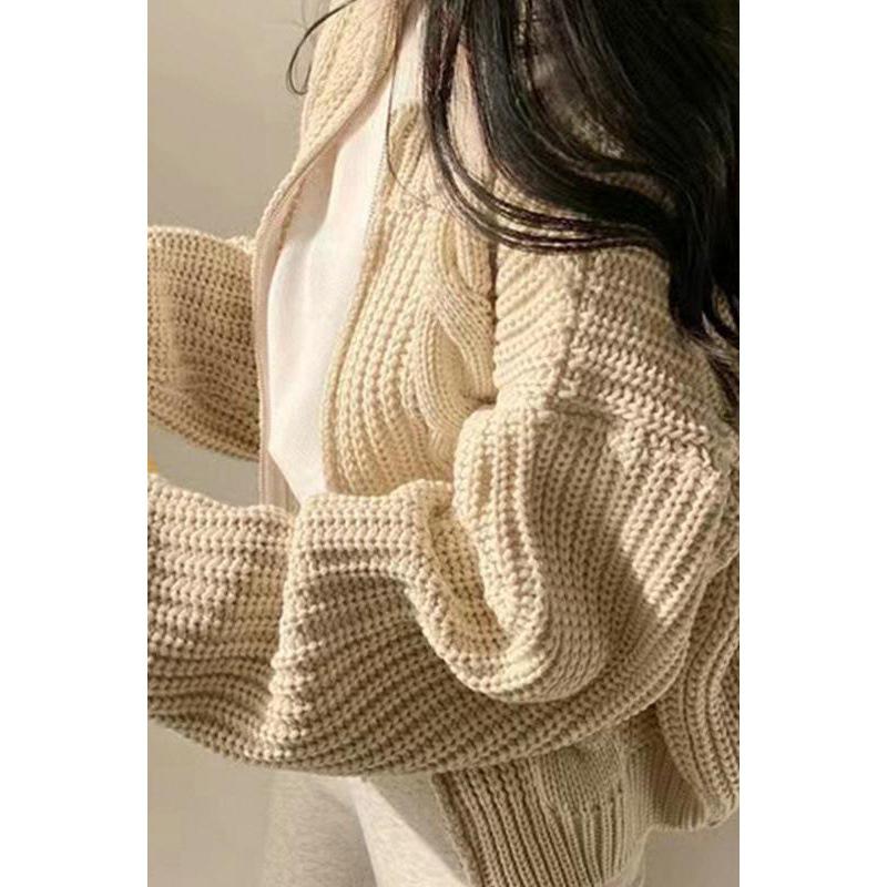 Korean Retro Chic Autumn/Winter Loose Zipper Cable Knit Women's Cardigan