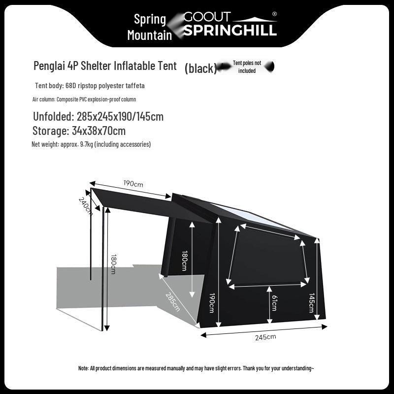 Spring Mountain 4P Inflatable Tent - One Bedroom, One Living Room, Rainproof, Skylight, Outdoor Camping Shelter.