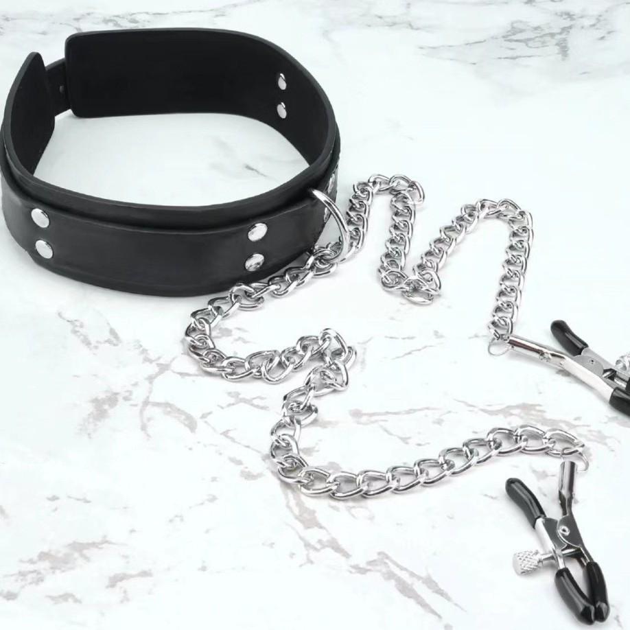 Women's Erotic Nipple Clamps and PU Choker with Iron Chain Restraint Set