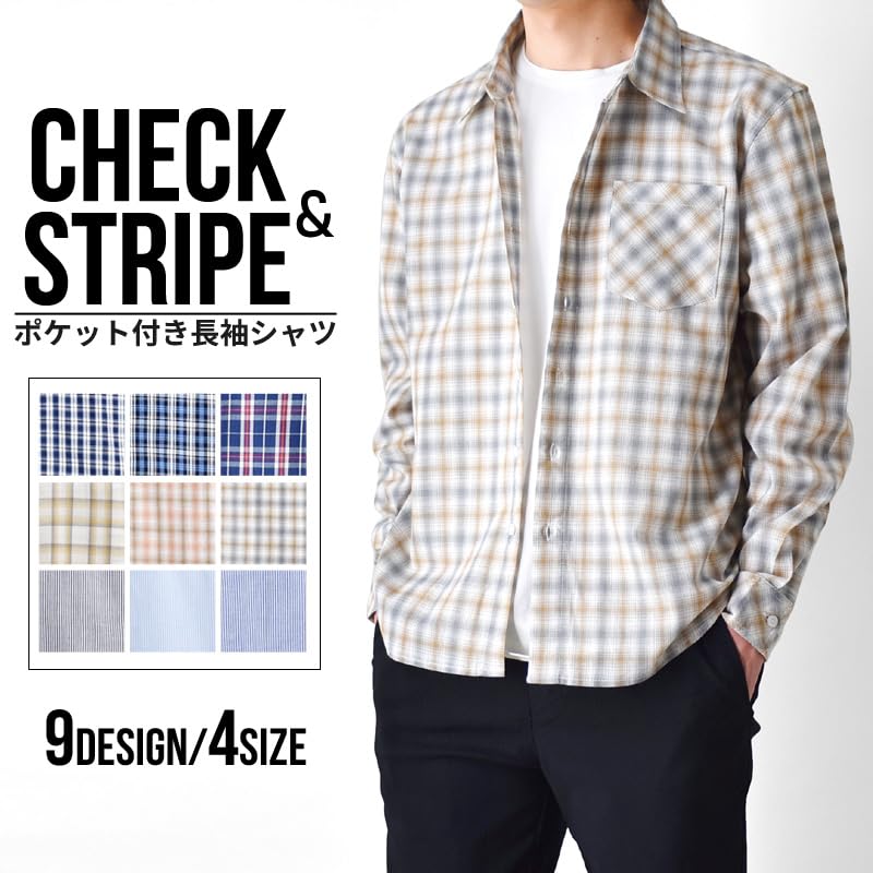 (Arona) ARONA check shirt long sleeve shirt men's With pocket Cotton/Y A25 navy x stripe 3L