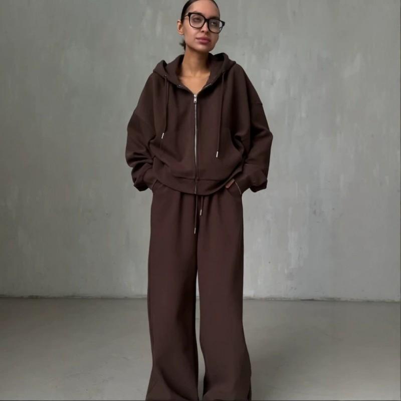 Womens 2026 Fall/Winter Loose Hooded Zip-Up Sweatshirt Pants Set Casual Streetwear Outfit Pure Color Cotton Blend