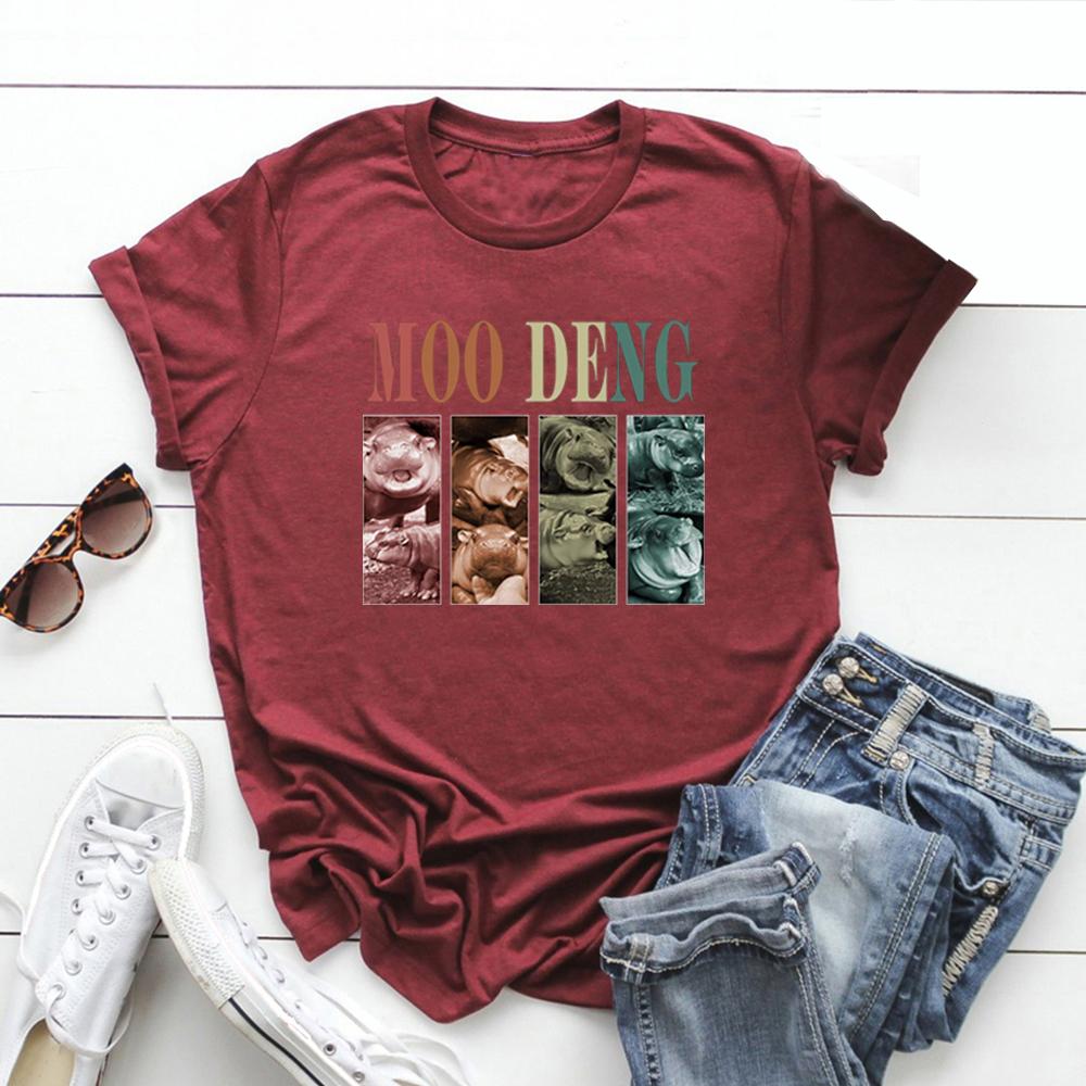 Vintage Moo Deng T Shirt Baby Hippo Tshirts Cute Moo Deng T-Shirt Women Graphic Tee Short Sleeve Hippo Lover T-shirt Women Tops