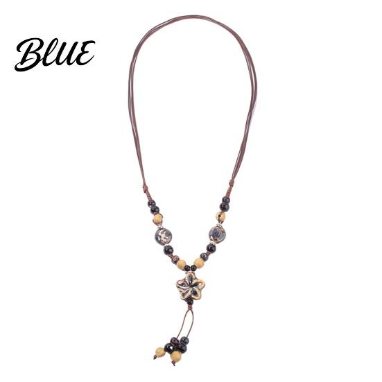 Fashionable Ceramic Necklace Vintage Bohemian Bead Braided Rope Flower Long