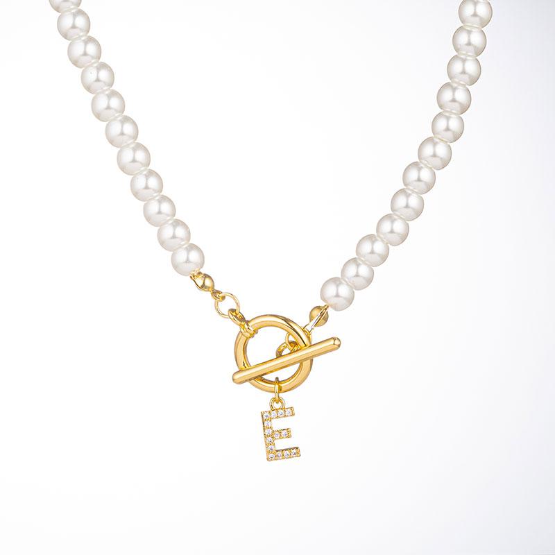 Zircon Crystal Initial A-Z Letter Pendant Necklace for Women Toggle Clasp Imitation Pearls Necklaces Wedding Jewelry Gift