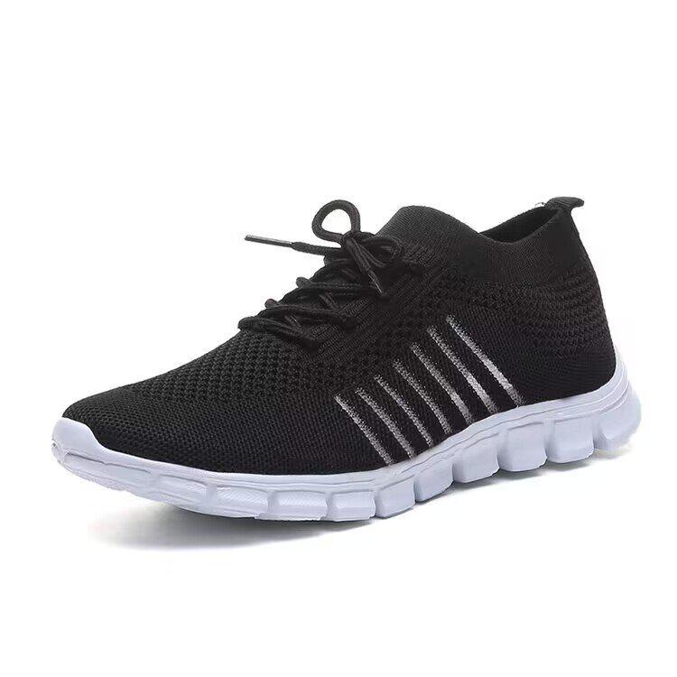 Korean Style Women's Lace-Up Flyknit Mesh Sneakers, Size 43, Lightweight Flat Bottom, Plus Size Available