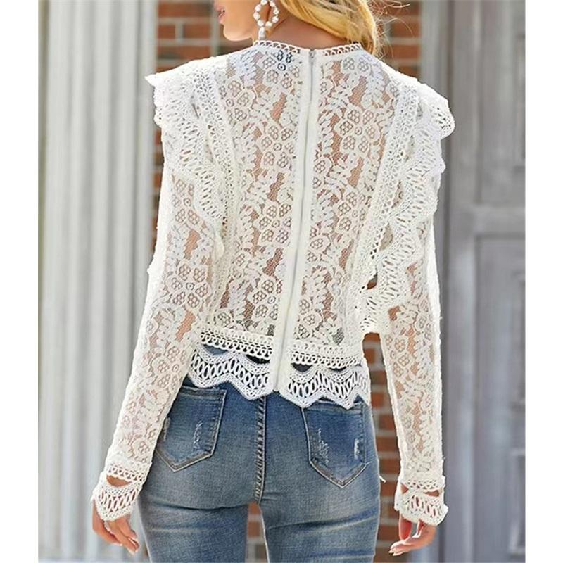 Solid Color Bottoming Sexy Hollow Lace Long-sleeved Women's Lace Shirt Jacket Top