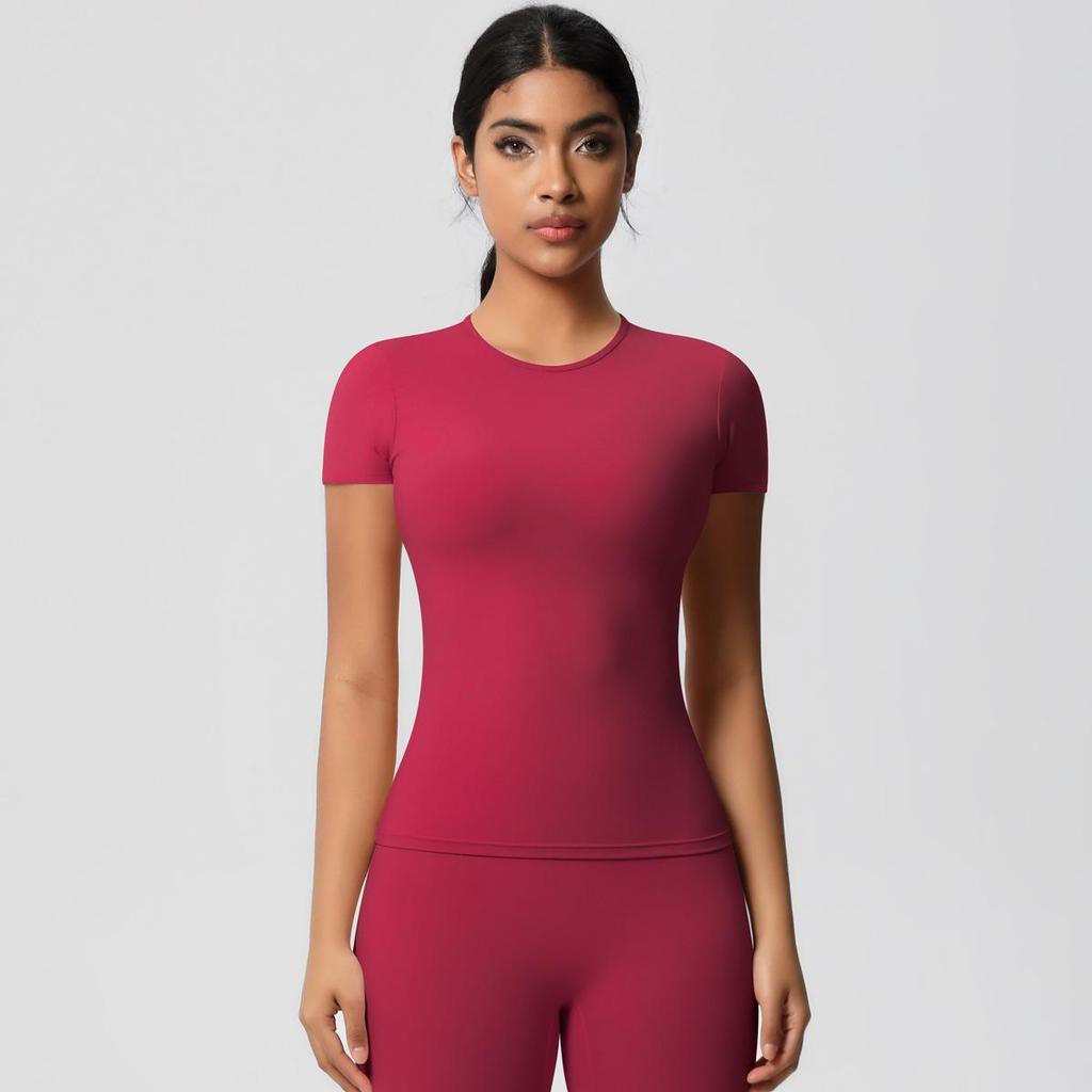 Gebürstetes Nude Slim-Fit Rundhals Yoga-Top - Kurzärmlig, Atmungsaktiv, Vielseitige Sportbekleidung