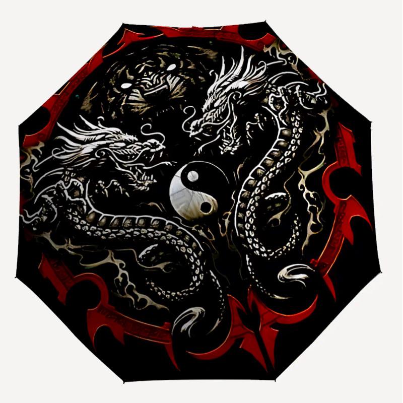 1PC Dragon Yin Yang Automatic Open/Close Umbrella with Windproof, 8-Rib Sturdy Canopy, Durable Ribs, Fashionable Design, Outdoor Accessory, Fun Prin,