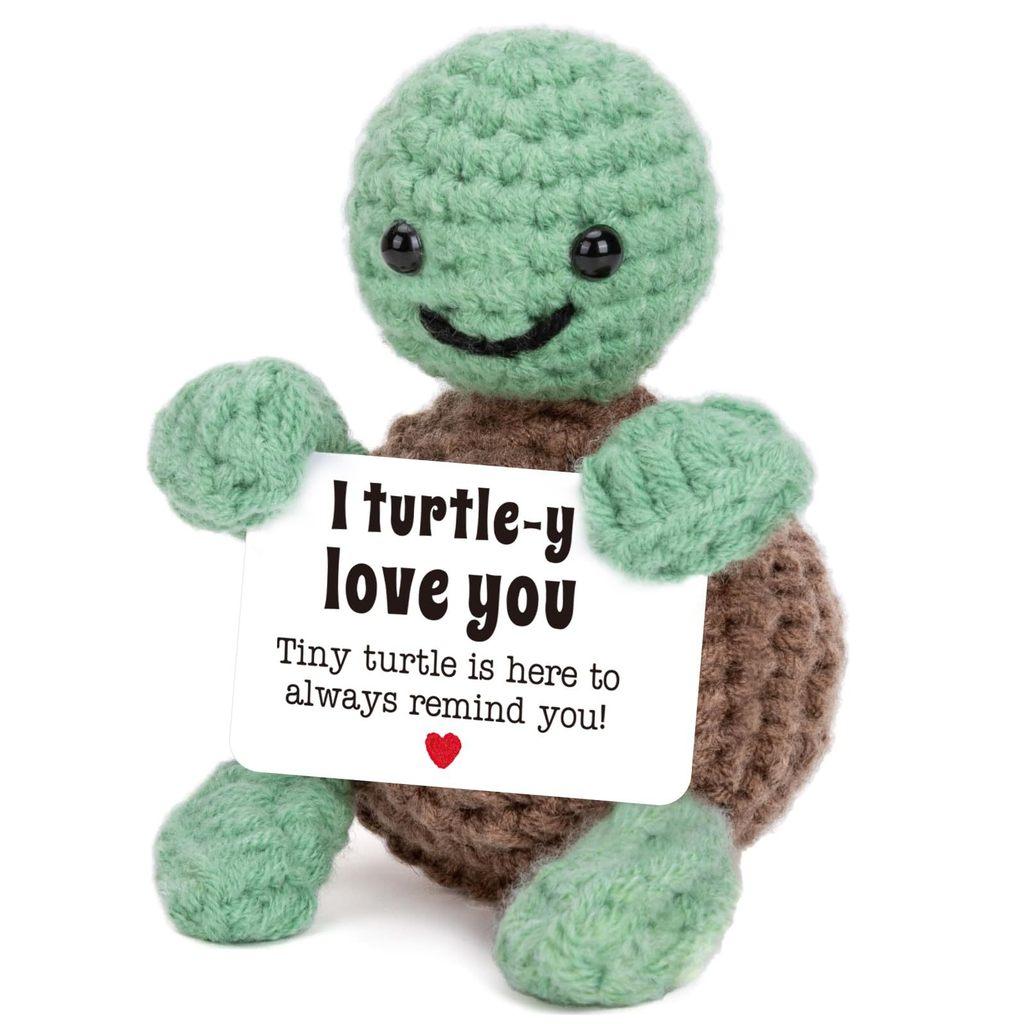 Mini Funny Turtle Positive Crochet Animals Doll With Card Desktop Ornament Emotional Support Handmade Knitted Cheer Up Toy