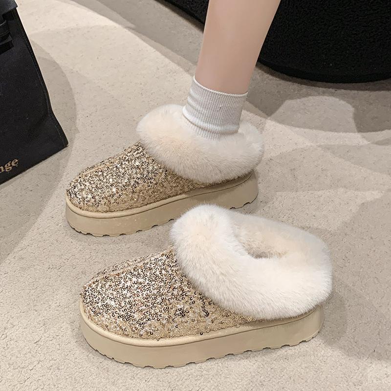 Women's Snow Boots for Autumn and Winter Large Size Thick Sole Sequins Thick Fur Mouth Thick and Warm Snow Boots for Women