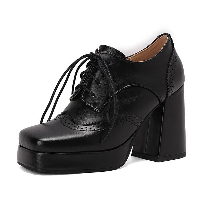 Fashion Red British Women Mixed Color Derbies Women High Thick Heels Pink Silver Oxfords Party Shoes Lace-up Square Toe Platform Brogues