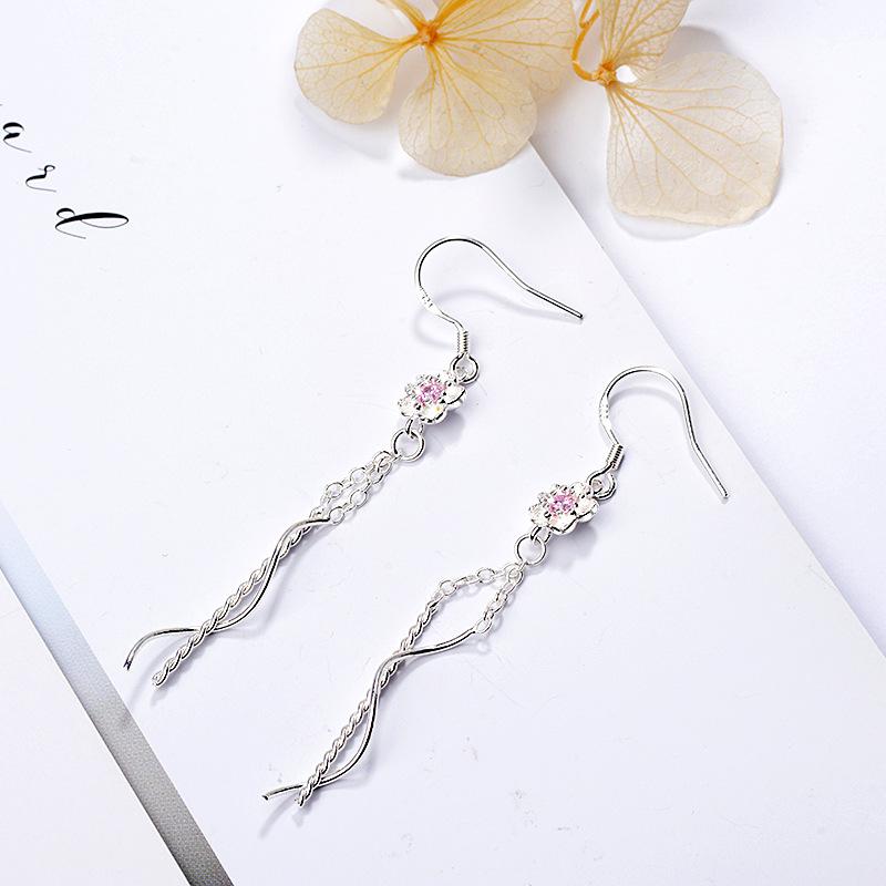 Delicate Female Earrings  Silver Needle Cherry Blossom Flower Long Tassel Earline Wave Fairy Earrings for Women